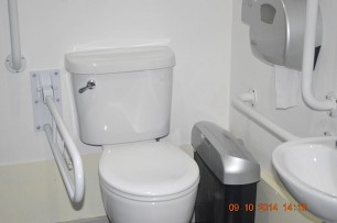 Disabled toilet and sink with hand rails